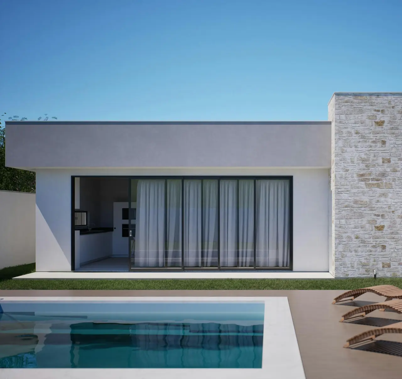 Taş bacalı tek katlı villa ve havuz